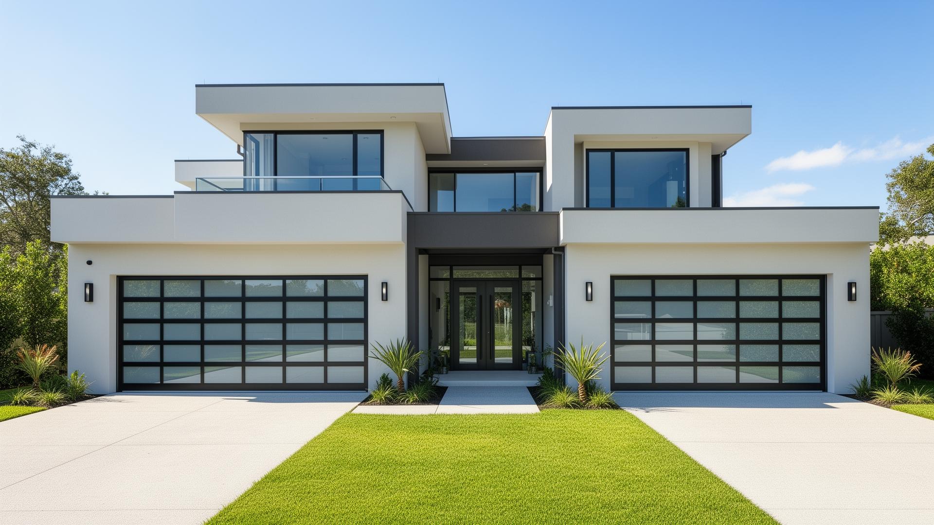 Modern contemporary home with aluminum glass panel garage doors in Mukilteo, Washington